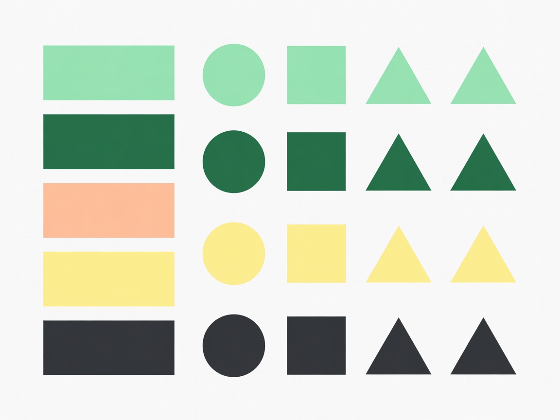 Flat vector palette swatch board with mint, deep green, peach, butter yellow and charcoal colour chips beside shape studies