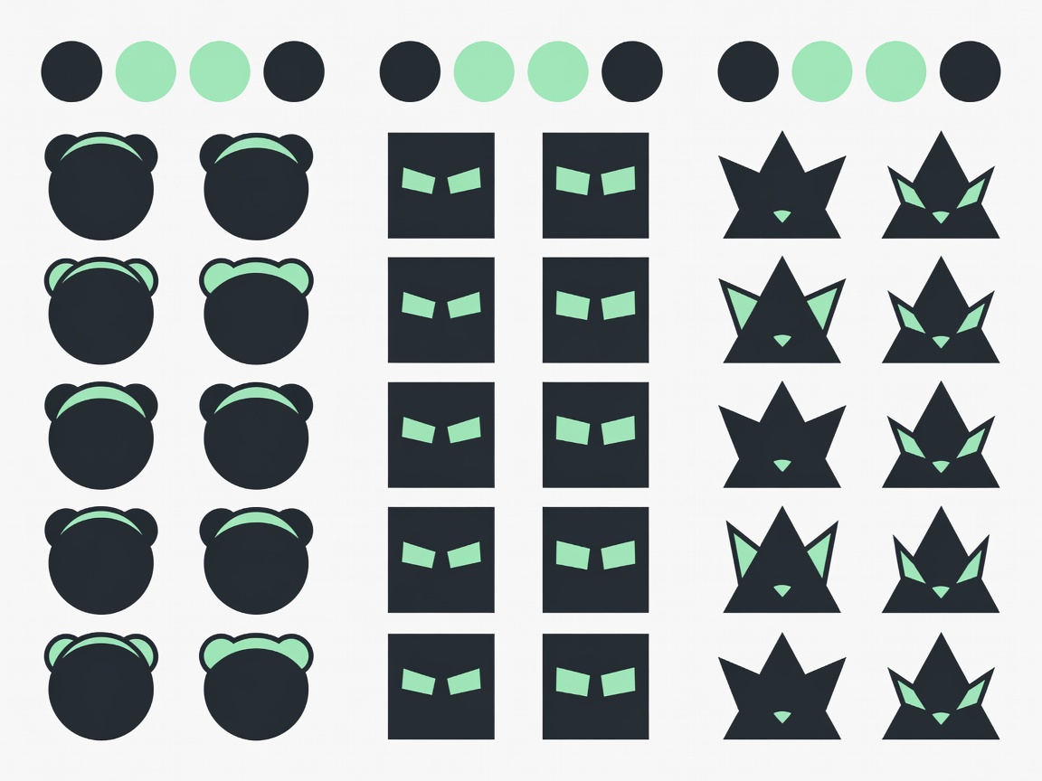 Flat vector shape study sheet comparing round, square and triangular mascot heads in charcoal and mint