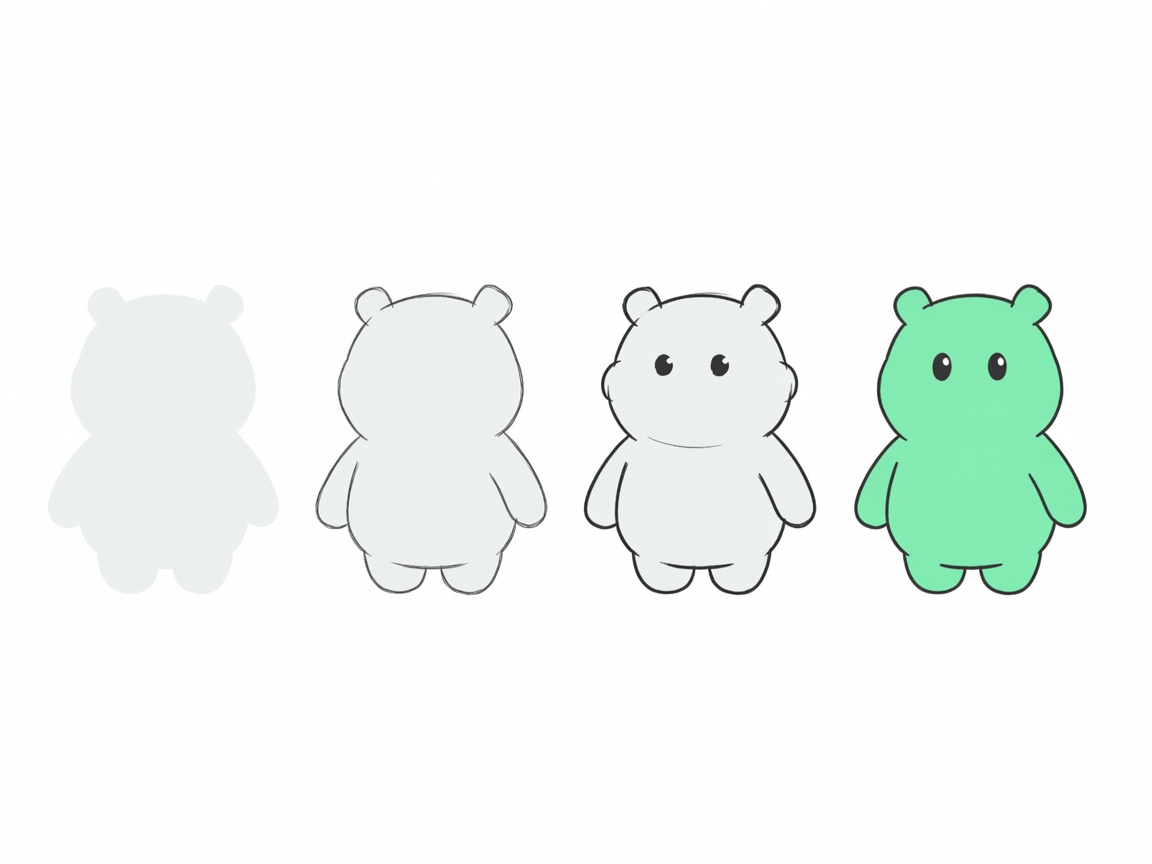 Flat vector sequence showing a plain blob evolving through four stages into a finished mint mascot with eyes, ears and arms