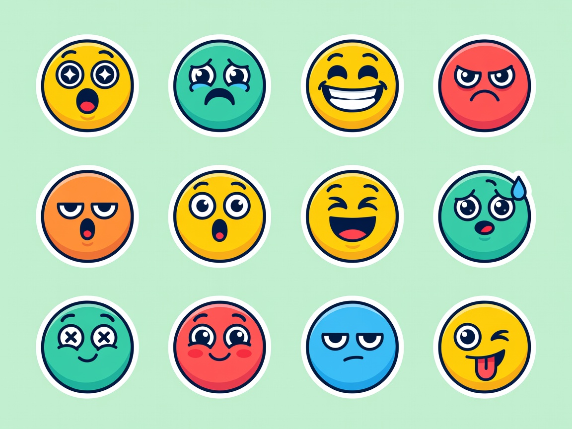 Flat vector sticker pack layout with twelve round mascot expressions arranged on a mint grid