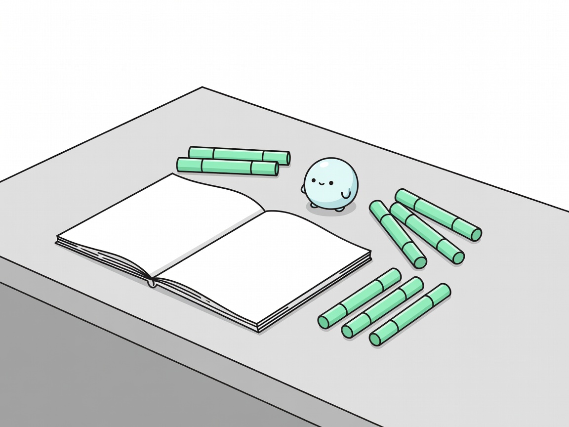 Flat vector illustration of a tidy studio desk with open sketchbooks, mint markers and a small round mascot figurine