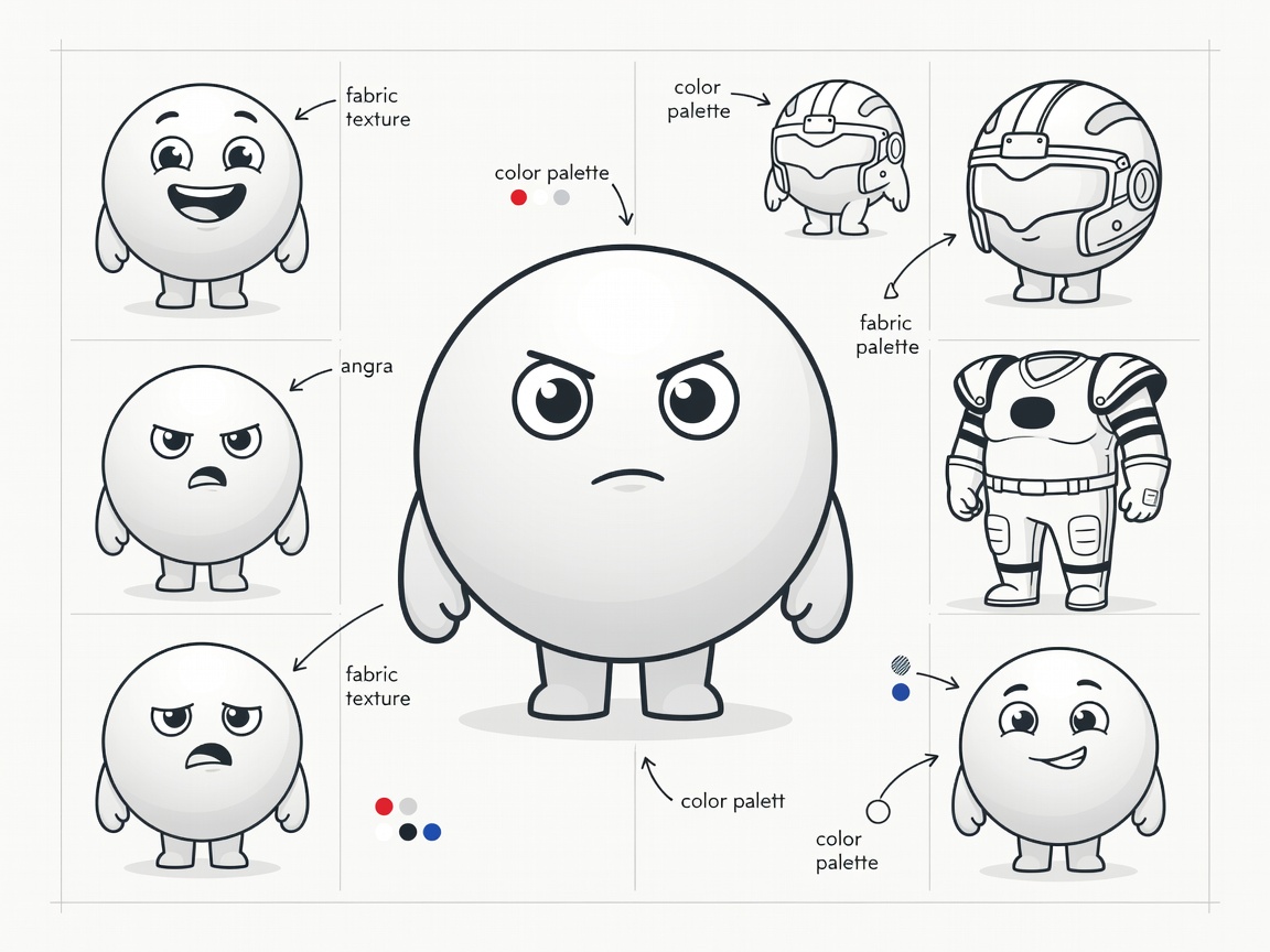 Flat vector sketch sheet of a round team mascot with expression studies, colour notes and costume measurements